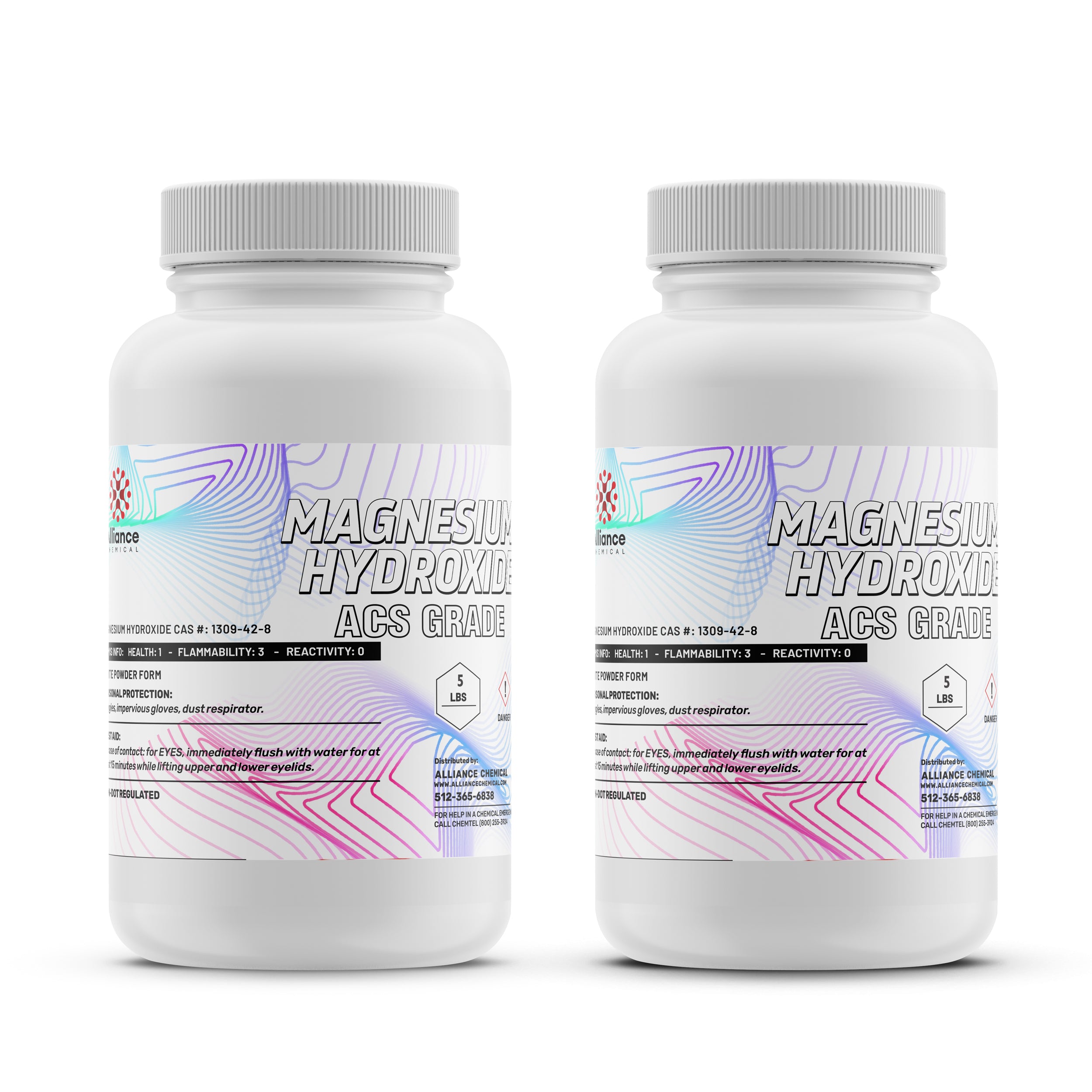 5 lb ACS-grade Magnesium Hydroxide powder in white HDPE bottles, CAS #1309-42-8, Health:1 Flammability:3 Reactivity:0, dust protection required.